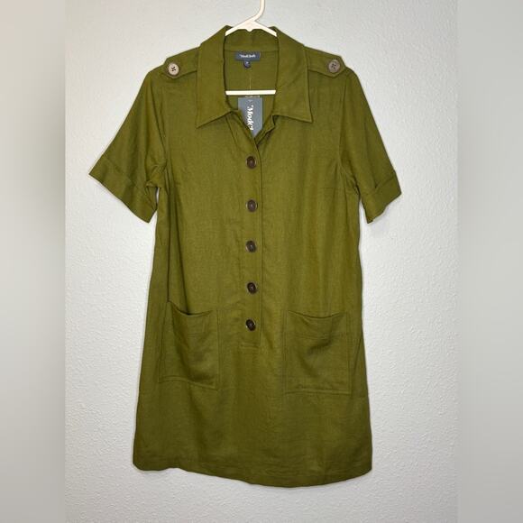 Modcloth NWT Avocado Green Linen Blend 60s Retro Button Up Pocket Shift Dress M - Picture 3 of 6